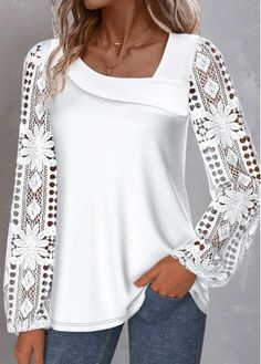 Color:White;Size:S;Size:M;Size:L;Size:XL;Size:XXL;Package Contents:1 X Blouse;Occasion:Other;Style:Casual; Plus Size Tops For Women, Shein Outfits, Spring Aesthetic, Women Blouses, Fashion Wear, Tops For Women, Long Sleeve Lace, Plus Size Tops, Spring Outfit