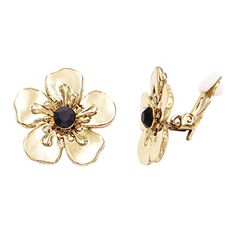 Fun and flirty, you'll be turning heads for sure in these statement making three dimensional blooming flower earrings! Polished gold tone flower earrings are a wonderful addition to your spring and summer look. The glittering crystals flower centers catch the light beautifully, adding major sparkle, making these earrings spectacular! Chic polished gold tone metal flowers have a realistic looking petals and are accented with a sparkling black glass crystal rhinestone center. Featherweight and so Luxury Clip-on Flower Shaped Earrings, Luxury Flower Shaped Clip-on Earrings For Gift, Luxury Clip-on Flower Earrings As Gift, Luxury Flower Shaped Clip-on Earrings, Luxury Formal Flower Shaped Clip-on Earrings, Luxury Clip-on Flower Earrings For Gift, Long Statement Earrings, Western Necklaces, Casual Earrings