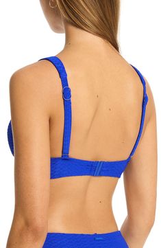 Subtle texturing lends depth to this sunny bikini top designed with supportive underwire, side boning and powermesh along the front and back. Clasps at back Convertible, adjustable straps Removable cups Side boning Lined 73% nylon, 27% spandex Hand wash, dry flat Imported Blue Push-up Swimwear For Beachwear, Nylon Swimwear With Built-in Underwire Cups, Blue Swimwear With Built-in Bra, Beach Tops With Built-in Underwire Bra, Blue Underwire Swimwear With Built-in Bra, Blue Swimwear With Built-in Bra And Tie-side Bottom, Sunnies, Tops Designs, Nordstrom