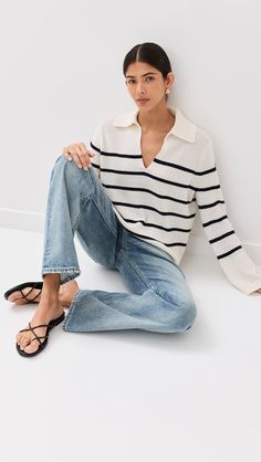 Jenni Kayne Francis Cashmere Sweater | Shopbop White Long Sleeve Cashmere V-neck Sweater, Casual White Cashmere V-neck Sweater, Chic Cashmere V-neck Sweater With Long Sleeves, Chic Cashmere V-neck Sweater, Chic V-neck Sweater With Ribbed Collar, Jenni Kayne, Navy Stripes, Cashmere Sweater, Soft Knits