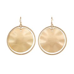 A stunning statement earring that makes a fashion statement! Crafted from beautiful hammered gold, these Round Hammered & Ringed Earrings feature a matte gold finish perfect for any look – from dressy to casual. Make an impression with this unique and eye-catching jewelry. Approximately 1.5" in diameter Chic Gold-tone Metal Earrings, Chic Hammered Metal Earrings, Gold Hammered Metal Hoop Earrings, Hammered Hoop Earrings For Party, Elegant Metal Earrings For Summer, Matte Gold Round Earrings, Chic Gold Earrings For Summer, Elegant Summer Metal Earrings, Gold Nickel-free Hoop Earrings