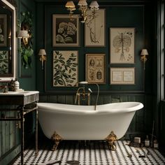 a bathroom with green walls and black and white checkered flooring, an antique claw foot bathtub