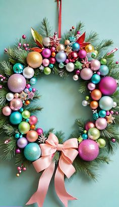 a christmas wreath hanging on the wall with ornaments around it and pink ribbon tied at the bottom