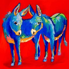 two blue donkeys standing next to each other on a red background