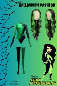 the costume is green and has black hair