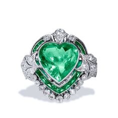 Heart Shape 5.87 Carat Colombian Emerald Ring Rings Estate & Vintage Luxury Heart Cut Emerald Ring For Formal Occasions, Luxury Heart Cut Emerald Ring, Green Emerald Heart Cut Jewelry, Elegant Emerald Heart-shaped Ring, Luxury Heart-shaped Emerald Jewelry, Colombian Emerald Ring, Emerald Set, Columbian Emeralds, Heart Shaped Jewelry