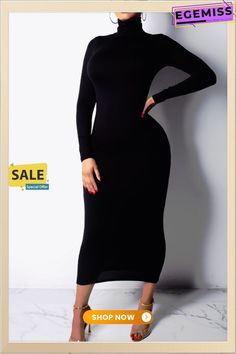 Black Fashion Sexy High Neck Long Sleeve Dress Black Non-stretch Bodycon Dress For Evening, Casual Black Maxi Bodycon Dress, Casual Black Maxi Length Bodycon Dress, Black Non-stretch Midi Dress For Date Night, Chic Black Non-stretch Dresses, Chic Non-stretch Black Dress, Non-stretch Black Bodycon Dress For Club, Stretch Midi Dress For Fall Clubbing, Fall Stretch Midi Dress For Club