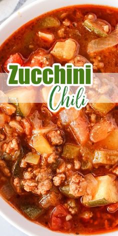 zucchini chili soup in a white bowl with the words zucchini chile above it