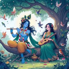 two women are sitting on a tree playing the guitar and singing to birds in the background