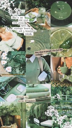 a collage of green and white photos with flowers, plants, and other things