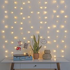 a white table topped with a potted plant next to a wall covered in lights