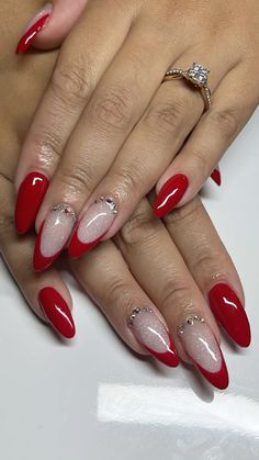 Red And Silver Almond Nails, Red Almond French Nails, Hoco Nails Red, Red Almond Nails Designs, Red Hoco Nails, Hoco Nails, Almond Acrylic