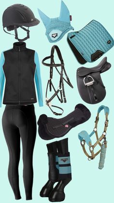 horse riding gear including boots, saddles, and hats are arranged on a light blue background