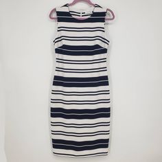 Brand: Calvin Klein Condition: New With Tag Color: Black And White Stretchy: Yes Closure: Hidden Back Zipper Lined: No Sleeves: Sleeveless Style Notes: Sheath Dress Striped Ribbed - Textured Knee Length Cocktail - Work - Career Size 8 Approximate Lay Flat Measurements In Inches Chest: 17.5 Waist: 15.5 Hips: 19.5 Length: 40.5 Summer Knee-length Calvin Klein Bodycon Dress, Fitted Knee-length Calvin Klein Mini Dress, Calvin Klein Bodycon Knee-length Midi Dress, Casual Calvin Klein Knee-length Sleeveless Dress, Beige Cable Knit Sweater, Calvin Klein Black Knee-length Dress, Cable Knit Sweater Dress, Ponte Dress, Black White Dress