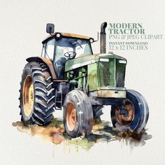 the tractor is painted with watercolors on paper