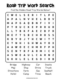 the road trip word search is shown in this printable activity sheet for kids to learn how