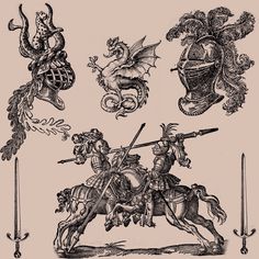 four medieval knights on horseback with spears and shields around their necks, all in black ink