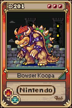 a card with an image of a dragon on it's back and the words, bowset kops nintendo