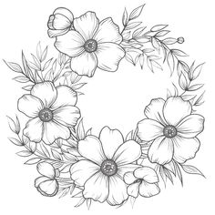 a wreath with flowers drawn in black and white