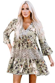 Khaki Floral Leopard Patchwork Print Bell Sleeve Dress Daily Dresses, Ghost Mannequin, Picture Style, Patchwork Print, Khaki Dress, Wholesale Dress, Dresses Floral, Bell Sleeve Dress, Daily Dress