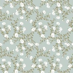 white flowers and green leaves on a light blue wallpaper background with an off - white floral pattern