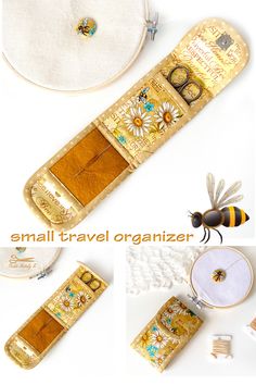 an image of the inside of a travel organizer with bees and flowers on it's side