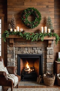 a living room with a fire place and christmas wreath on the fireplace mantels