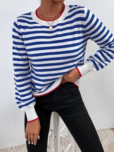 Striped Color Popular Knitted Top - Blue,L Spring Striped Stretch Sweater, Casual Striped Pointelle Knit Tops, Casual Striped Pointelle Knit Sweater, Winter Striped Pointelle Knit Sweater, Striped Fine Knit Sweater For Spring, Casual Striped Stretch Knit Top, Striped Stretch Knit Top With Crew Neck, Casual Striped Knitted Sweater, Casual Striped Textured Knit Sweater