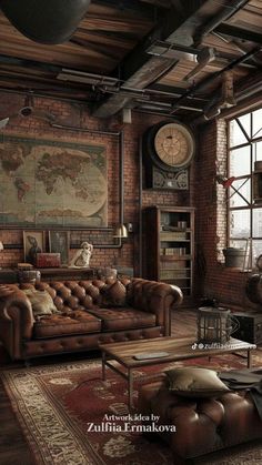 a living room filled with furniture and a large map hanging on the wall above it