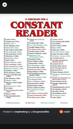 a poster with the words constant reader in red and green on it's side