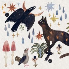 an image of a painting with animals and birds in the rain, stars and mushrooms