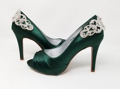 "Hunter Green Wedding Shoes with sparkling crystal back design. The wedding shoes in the listing picture have been dyed my color Hunter Green, but is available in over 100 additional colors, including white and ivory. We can also color match a sample you send us. These beautiful wedding shoes have a 3 1/2\" heel and a 1/2\" hidden platform. Pick from my color chart or send us a color swatch to match. * All dyed shoes can bleed when exposed to moisture. If you would like to protect your shoes ple Green Rhinestone Wedding Heels, Green Rhinestone Heels For Wedding, Green Bridal Shoes, Hunter Green Wedding, Red Bridal Shoes, Blue Bridal Shoes, Navy Wedding Shoes, Red Wedding Shoes, Custom Wedding Shoes