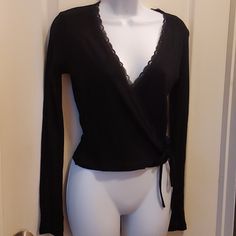 Wrap Style, Tie At Waist, Long Sleeve, Deep V-Neck, Lace Trim, Lightweight, Ribbed Style Sweater Black Wrap Tops For Spring, Tan Oversized Sweater, Aesthetic Sweaters, Knot Sweater, Lace Wrap, Heart Sweater, Style Sweater, Wrap Sweater, Chunky Knits Sweater