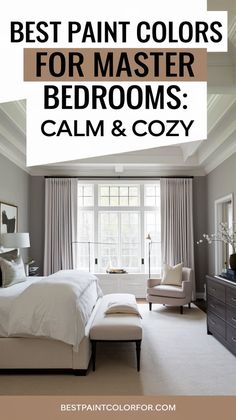 Explore the best paint colors to create a serene and restful master bedroom, perfect for unwinding after a long day. Tranquil Primary Bedroom, Bedroom And Bathroom Color Schemes, Calming Master Bed Paint, Modern Colors For Bedrooms, Farmhouse Master Bed Paint Colors, Cozy Neutral Bedroom Paint Colors, Magnolia Paint Colors Bedroom, Tray Ceiling Paint Ideas Bedroom Master Suite, Large Bedroom Paint Color Ideas