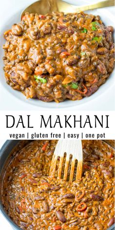 the recipe for dali makhan is shown in two different pictures and has a fork