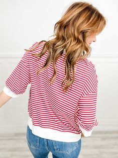 Experience comfort and style with our Crew Neck Short Sleeve Striped Top! Made with high-quality materials, this top offers a flattering fit and effortless style. Keep it casual or dress it up - you'll look and feel great either way. Elevate your wardrobe with this versatile and timeless piece. Fabric content: 95% Cotton, 5% Spandex Effortless Crew Neck Spring Top, Effortless Crew Neck Top For Spring, Effortless Crew Neck Stretch Tops, Red Relaxed Fit Tops For Everyday, Chic Striped Tops With Ribbed Neckline, Chic Striped Top With Ribbed Neckline, Versatile Red Summer Top, Effortless Stretch Crew Neck Top, Versatile Red Tops For Summer