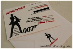 two envelopes with an image of james bond and the words licence to party on them