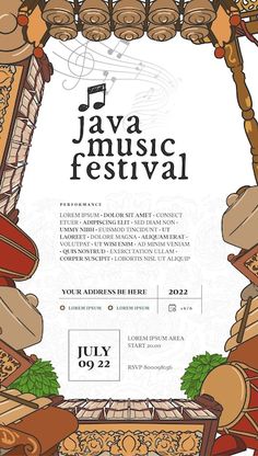 a poster for the java music festival with an image of musical instruments on it