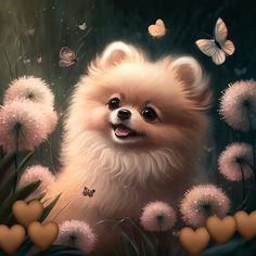 a painting of a pomeranian dog surrounded by dandelions, butterflies and heart shapes