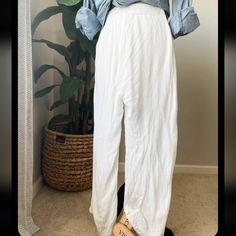 Celina White Gauze Pants Split Leg Sz S / M Small / Medium Pool, Beach, Swim Cover Up Crepe Side Slits Split Leg Elastic Waist Easy Breezy Loose Cover Up High Rise Wide Leg Lightweight Pull On Machine Washable 100% Rayon Made In India Theme: Boho, Preppy, Classic, Modern, Minimalist, Tropical, Vacation, Capsule, Resort, Spring, Summer, Bohemian, Bride, Bachelorette, Festival, Chic, Trendy, Honeymoon, Hair Stylist, Teacher, Concert, Bar, Travel, Casual, Everyday, Yoga, Barre, Pilates, Work Out, W India Theme, Vacation Capsule, Everyday Yoga, Gauze Pants, Summer Cover Up, Festival Chic, Barre Pilates, Yoga Barre, Bride Bachelorette