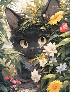 a painting of a black cat surrounded by flowers