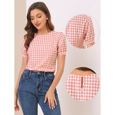 Made of lightweight woven, this versatile top is a summer staple that can be styled with just about anything and it suits many occasions. With a regular silhouette, this cute summer staple gingham top features a crew neck, puff short sleeves, buttoned cuffs, and a slightly boxy shape. Short puff sleeves and a keyhole enhance the casual style of this sweet plaid blouse. Summer Plaid Blouse For Picnic, Summer Gingham Blouse For Picnic, Plaid Short Sleeve Beach Top, Summer Plaid Blouse For Day Out, Casual Gingham Tops For Beach, Summer Short Sleeve Blouse For Picnic, Gingham Tops For Beach In Spring, Short Sleeve Tops For Spring Picnic, Cute Gingham Tops For Summer