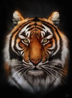 a painting of a tiger's face with green eyes