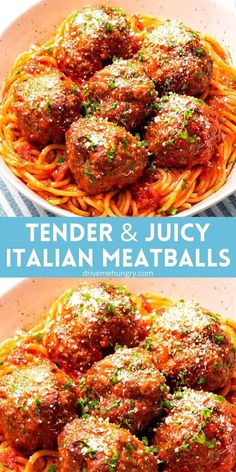 two pictures of spaghetti and meatballs with sauce on top, one has parmesan cheese