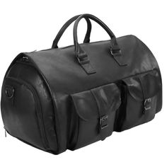 a black leather duffel bag on a white background