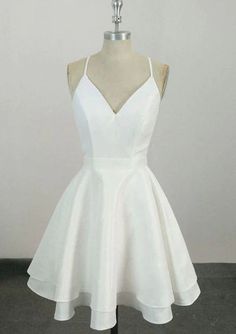 A-line V Neck Sleeveless Ivory Satin Short Mini Homecoming Dress, Lace - Princessly