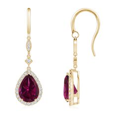 These drop earrings are beautifully crafted in 14K Yellow Gold and dangle from shepherd hooks. The pear-shaped rose-hued rhodolites are illuminated by a scintillating halo of diamonds and are connected to station diamonds nestled in square and marquise-shaped motifs. Peridot Dangle Earrings, Garnet Drop Earrings, Tourmaline Earrings, Red Gemstones, Garnet Earrings, My Color, Pink Gemstones, Green Gemstones, Diamond Drop Earrings