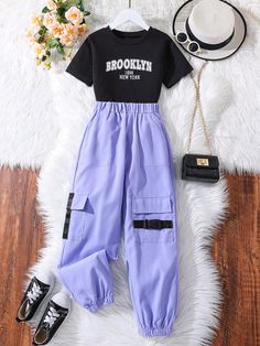 Purple Casual Collar Short Sleeve  Letter  Embellished Medium Stretch  Tween Girls Clothing Adrette Outfits, Cheap Kids Clothes, Cute Dress Outfits, Quick Outfits, Cute Outfits For School, Cute Preppy Outfits, Easy Trendy Outfits, Tween Outfits