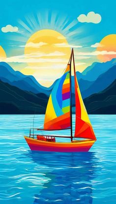 a painting of a sailboat on the water with mountains in the background at sunset