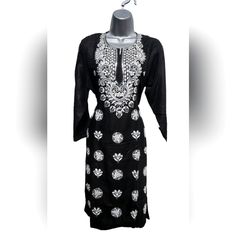 Asta Selections - Hand Embroidered Cotton Kurta, Traditional Chikankari Women's Kurti Black Semi-stitched Embroidered Fabric, Black Chikankari Embroidery Semi-stitched Fabric, Black Resham Embroidered Fabric, Black Resham Embroidery Fabric, Fitted Black Fabric With Chikankari Embroidery, Traditional Black Kurta For Spring, Black Embroidered Sets For Spring, Embroidered Black Sets For Spring, Black Embroidered Cotton Traditional Wear